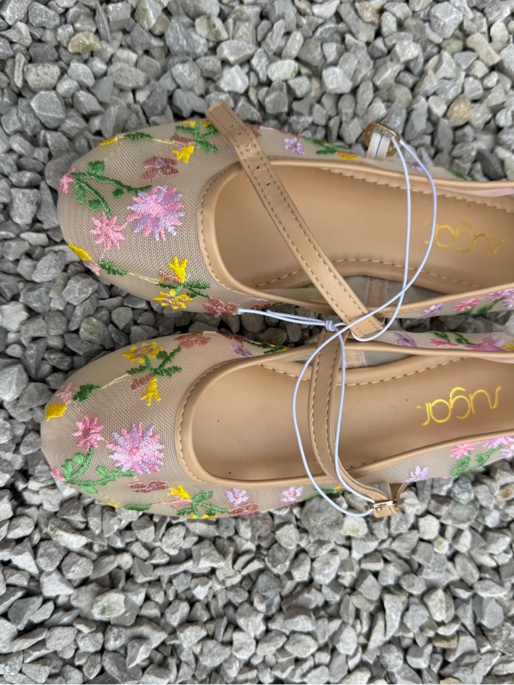 Sugar Beige Floral Embroidered Mary Jane Flats with Pink & Yellow Accents